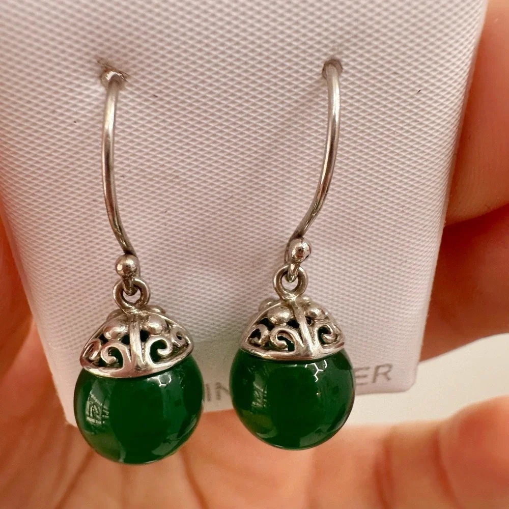 BBJ‎ Natural Green Jade Ball Gemstone 925 Sterling Silver Drop Earrings Filigree